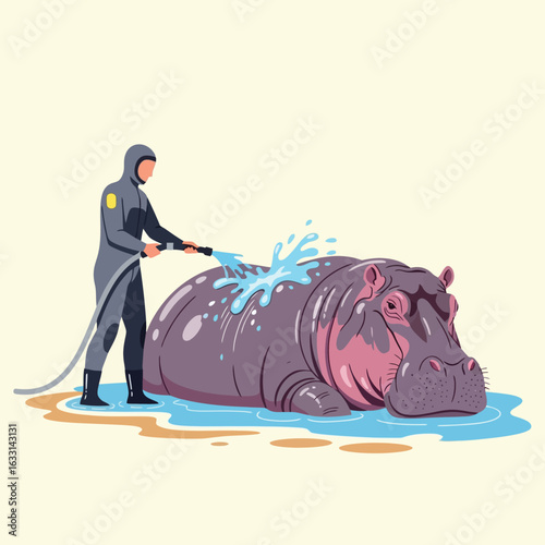 Washing a Hippopotamus with Water Hose in an Animal Care Setting