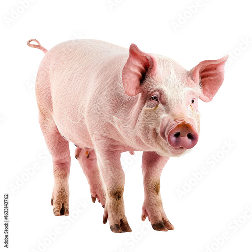 A pink pig with a white face and pink nose standing on a transparent background.