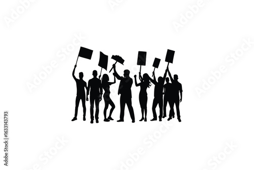 A group of diverse people holding flags and signs in a protest march depicted in a striking black silhouette against a clean white background symbolizing activism and collective action silhouette