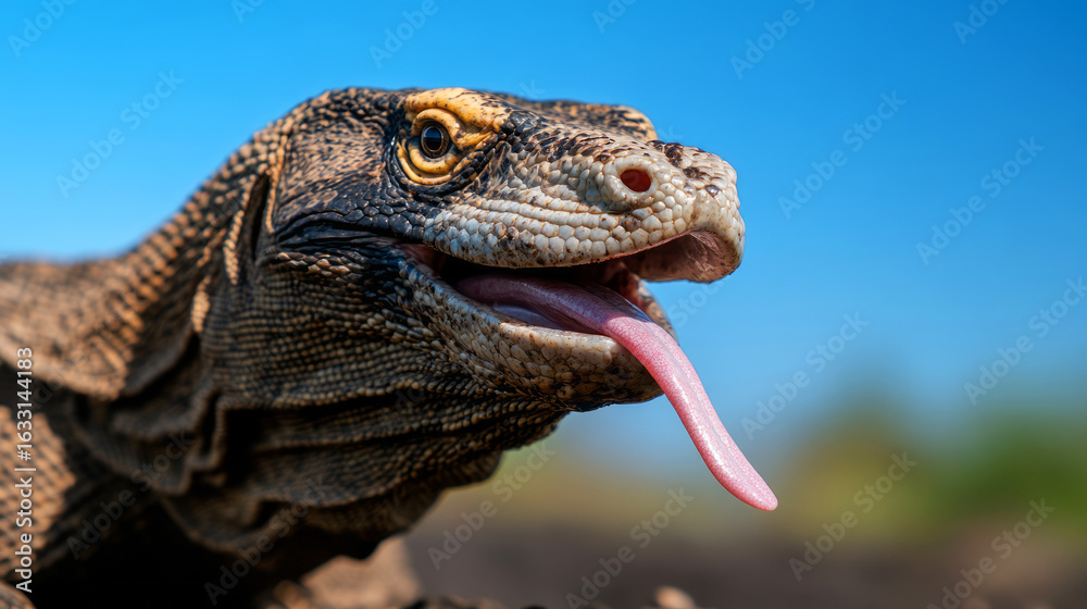 Fototapeta premium Close-up Profile of a Reptile with Vibrant Scales and Tongue Against Clear Blue Sky