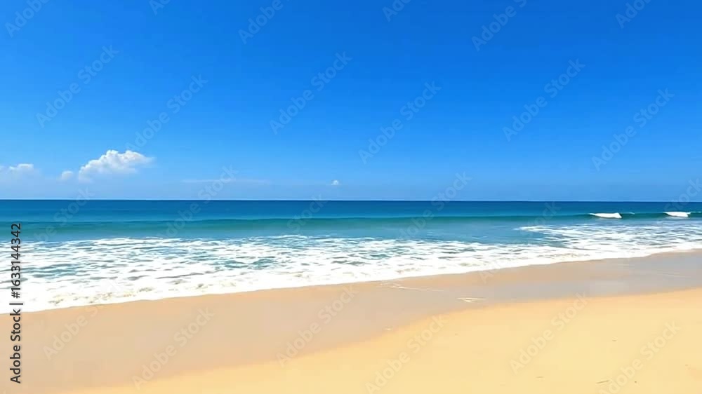Beach scene Blue sky over sandy beach calm ocean waves clear day Beach scene Blue sky over sandy beach calm ocean waves clear day