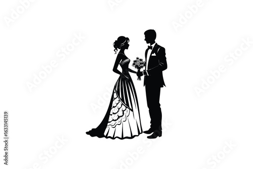 Elegant wedding couple silhouette with bride in a detailed gown and groom in a tuxedo holding a bouquet symbolizing love and commitment silhouette