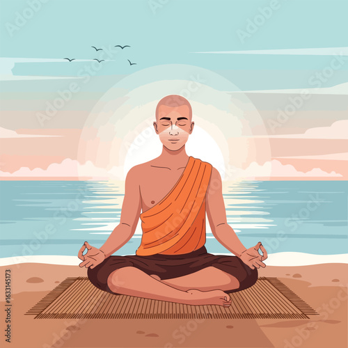 Man Meditating on Beach at Sunrise Reaching Spiritual Harmony