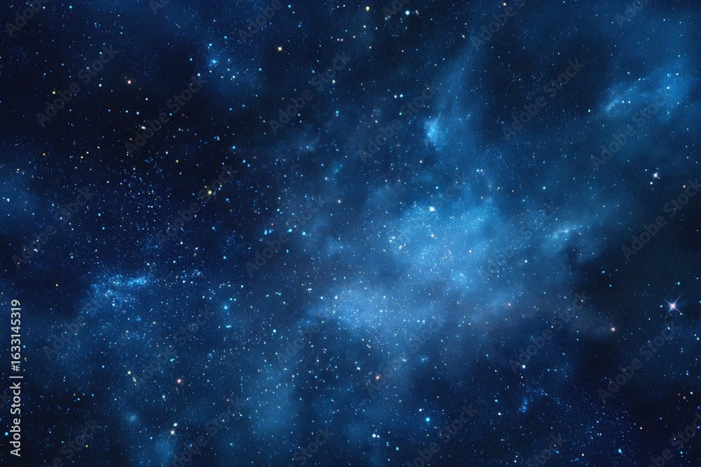 Fototapeta premium Starry sky background, blue night sky full of stars, glowing stars in the dark space, starry background, dark night, stars in the distance, starlight, dark background with a blue glow, night sky. 