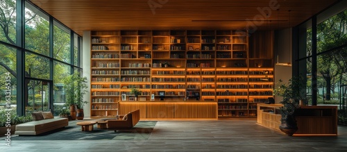 Modern lobby with large bookshelf and window.