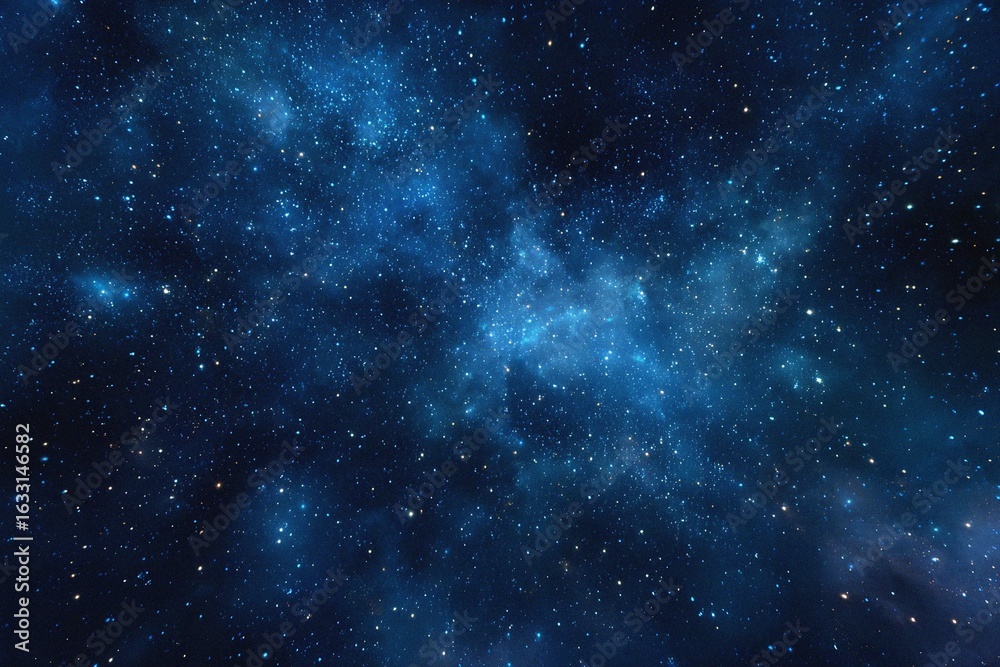 Naklejka premium Starry sky background, blue night sky full of stars, glowing stars in the dark space, starry background, dark night, stars in the distance, starlight, dark background with a blue glow, night sky. 