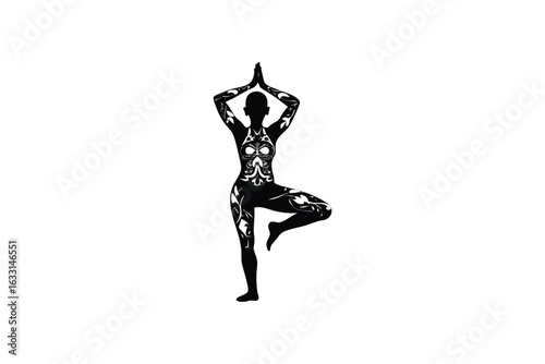 A striking black silhouette of a person in a yoga tree pose with intricate floral patterns filling the outline symbolizing balance and nature