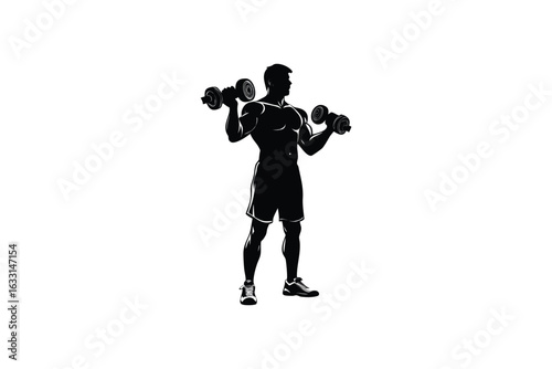 Strong man performing dumbbell shoulder press exercise in a dynamic silhouette against a clean white background showcasing fitness and strength silhouette