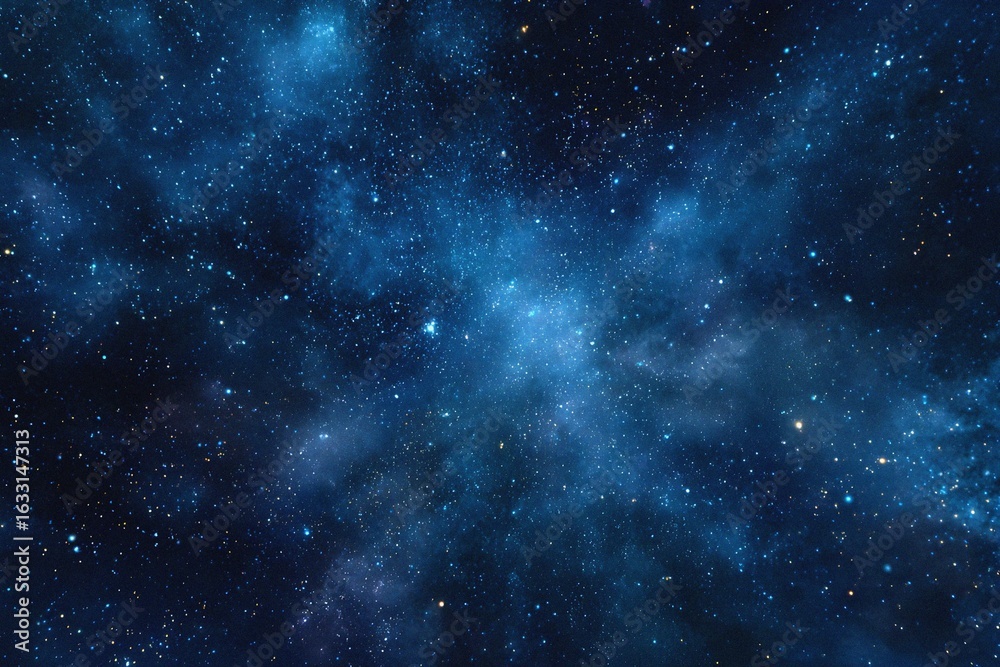 Fototapeta premium Starry sky background, blue night sky full of stars, glowing stars in the dark space, starry background, dark night, stars in the distance, starlight, dark background with a blue glow, night sky. 