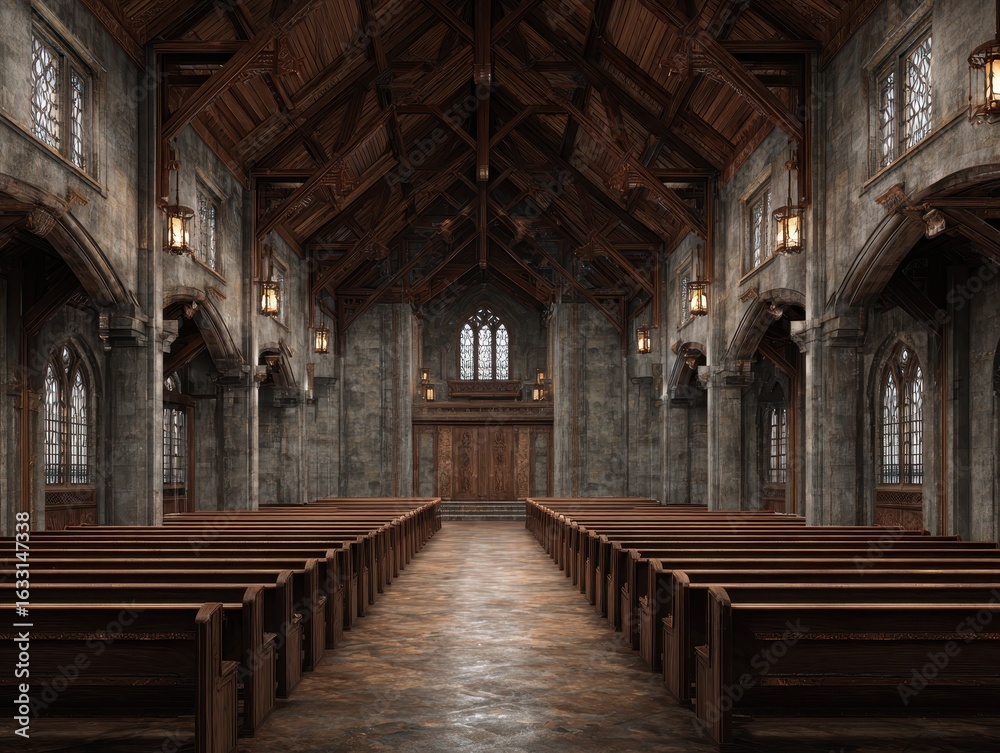 Fototapeta premium Gothic Church Interior: Rows of Pews