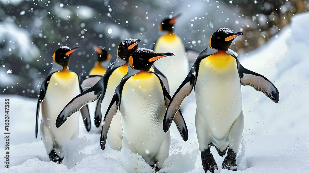 Fototapeta premium A group of emperor penguins walking together through the snow covered ground in a winter scene outdoors