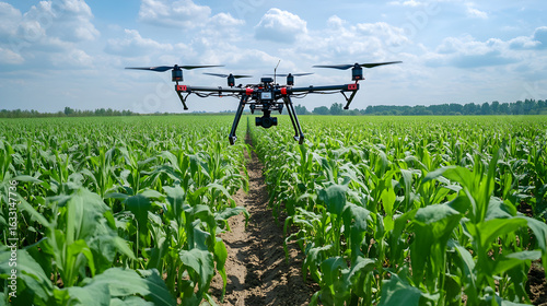 A drone flies over a green agricultural field on a sunny day.
