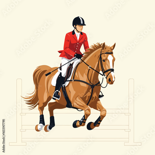 Horse and Rider Jumping Over Fence Illustration in Red and Black