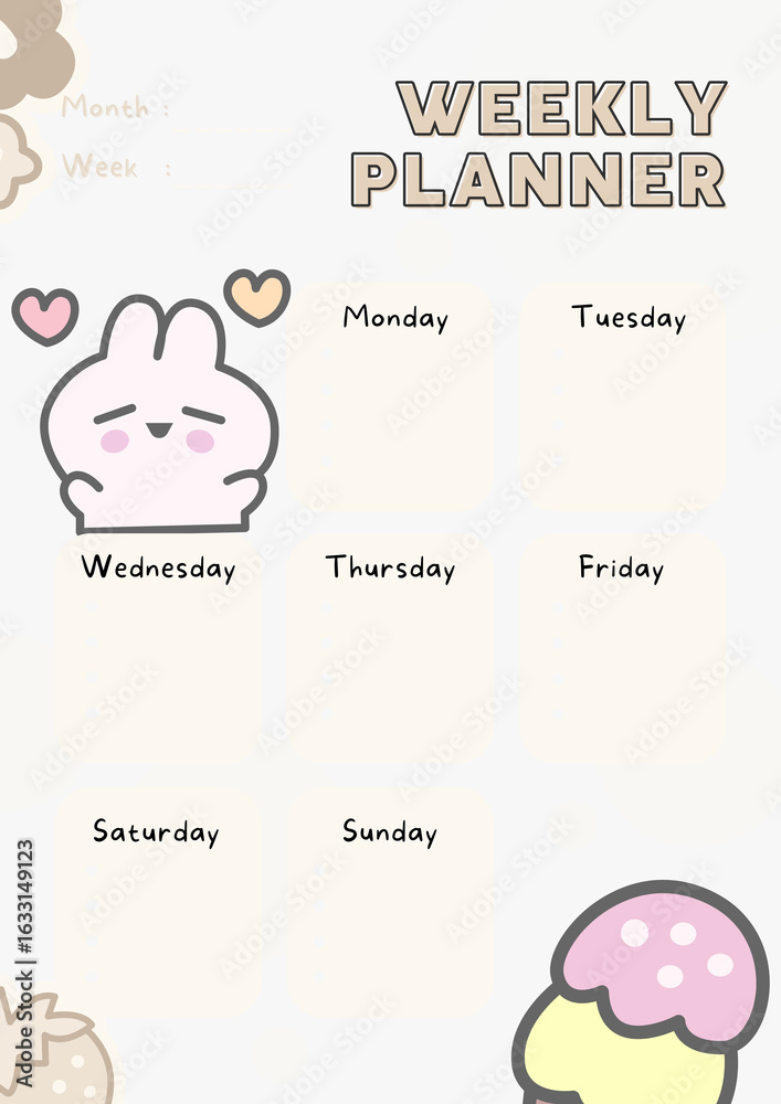 Cute kawaii bunny weekly planner with pastel colors and adorable cloud and cupcake illustrations for organization