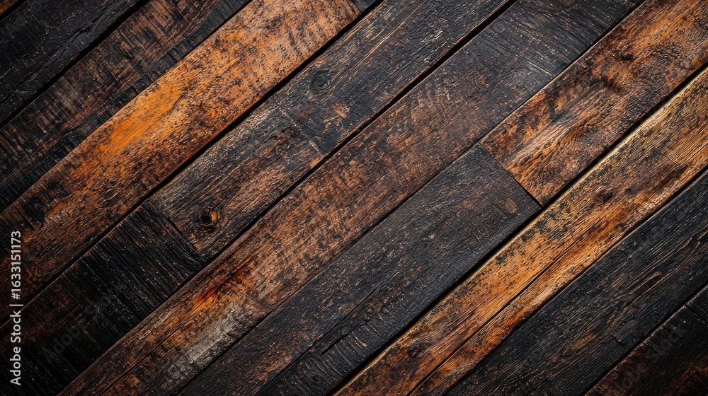 Fototapeta premium A weathered wooden floor with a dark brown and orange hue, featuring a diagonal pattern of planks.