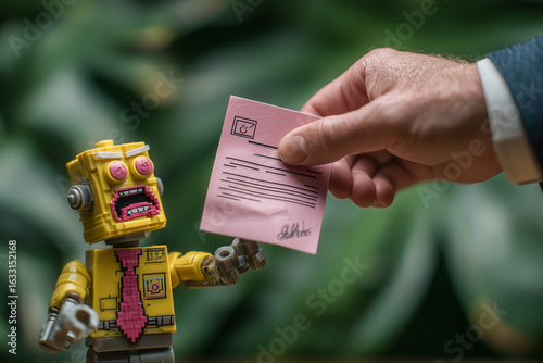 Toy office robot in pink tie receiving pink slip from human hand