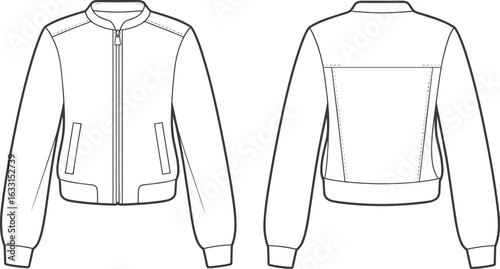 Jacket technical drawing, front and back view, zipper closure, ribbed hem, ribbed cuffs, yoke detail, fashion sketch, garment design, sewing template, apparel illustration.