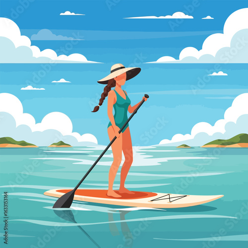 Woman Paddleboarding on Calm Ocean Waters with Islands in Distance