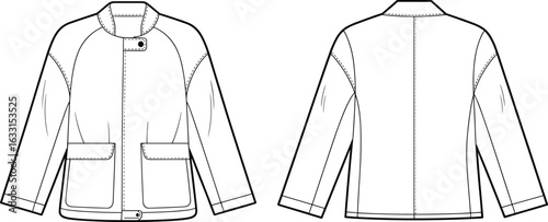 Jacket technical drawing, front and back view, high collar, flap pockets, button closure, long sleeves, stitching details, garment construction, fashion illustration, sewing template, pattern making.