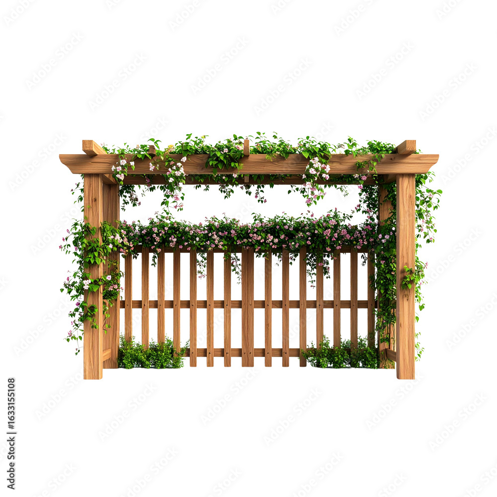 Obraz premium A wrought iron fence and a white wooden picket fence with a gate stand in a summer garden with green grass and a blue sky