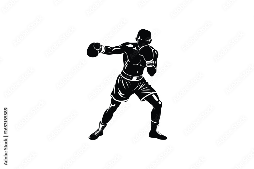 Naklejka premium Dynamic silhouette of a male boxer throwing a powerful punch during a boxing match showcasing athletic movement and combat sport action