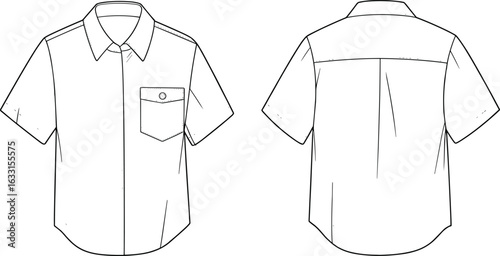 Short sleeve shirt technical drawing, front and back view, button-up design, collar, chest pocket, curved hemline, garment construction, fashion illustration, sewing template, pattern making.