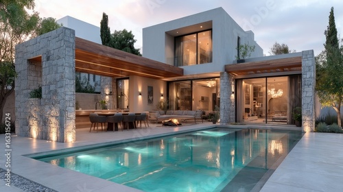 Modern villa with pool and outdoor dining area at dusk