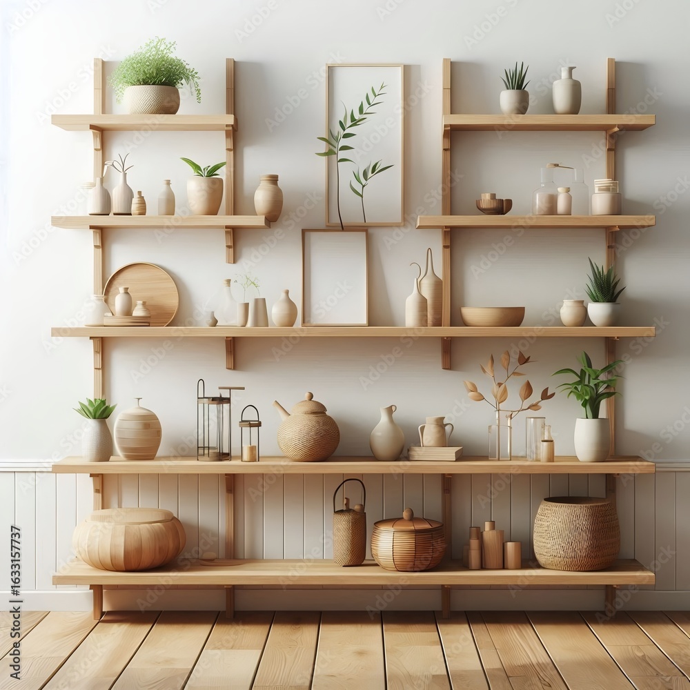Fototapeta premium Stylish wooden shelves with assorted neutral decor against a white wall, clean and organized space.