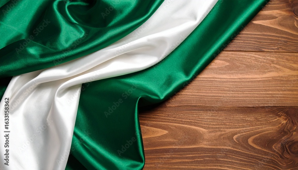 Obraz premium Close-up of green and white silk fabric draped over a wooden surface