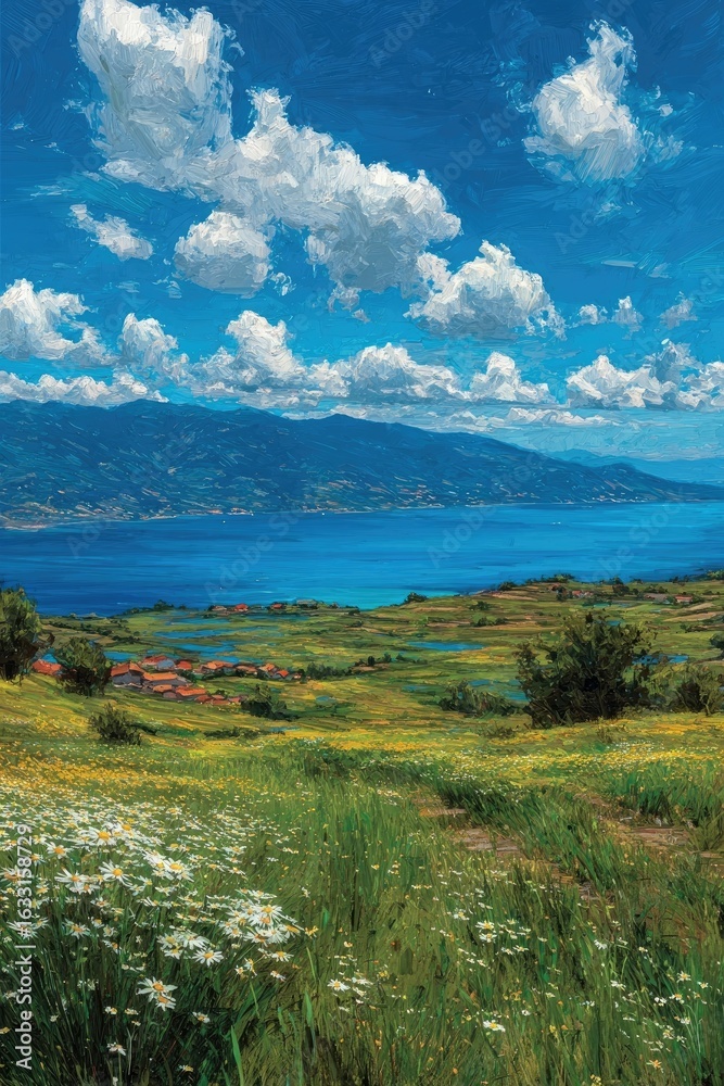 Obraz premium Scenic vista of a hillside overlooking a lake