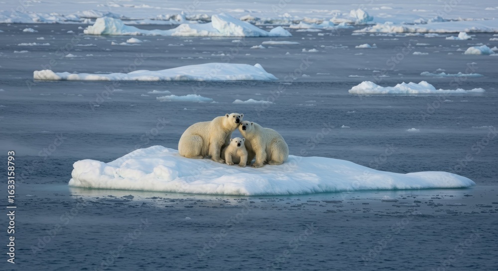 Naklejka premium Polar Bear Family on Ice Floe: Arctic Wildlife, Climate Change, Survival.