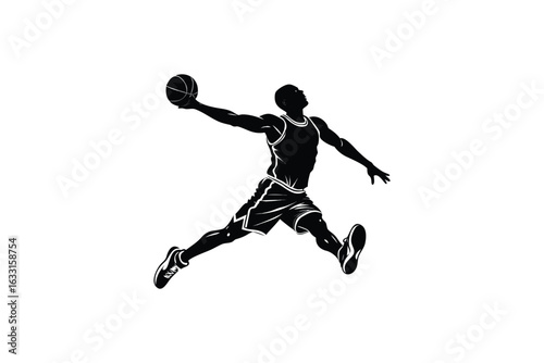 Dynamic silhouette of a basketball player in mid air performing a powerful slam dunk showcasing athletic movement and the sport s energy