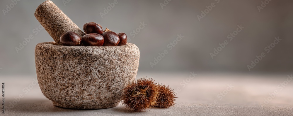 Obraz premium Fresh Chestnuts in Stone Mortar
