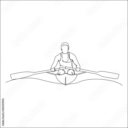 Minimalist line drawing of a male rower paddling a boat on water, showcasing the strength and balance in competitive rowing sport.