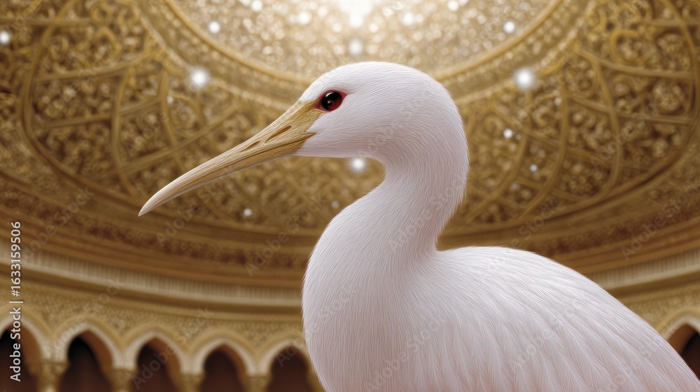 Naklejka premium A white bird with red eyes and a long beak stands against an ornate golden background
