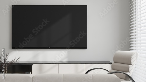 Bilde på lerret Front view of large black modern, luxury flat screen television mounted on white