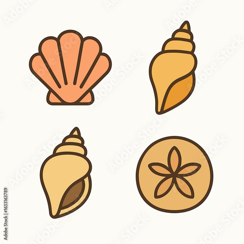 Simple Outline Seashell Decorative Isolated Beach Element Collection