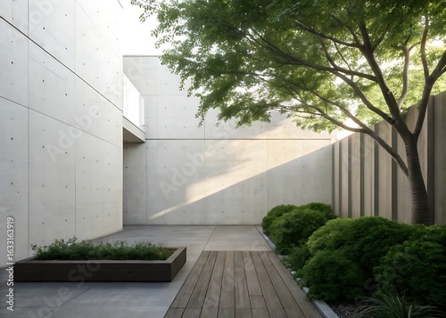 Concrete courtyard with tree and green bushes architecture