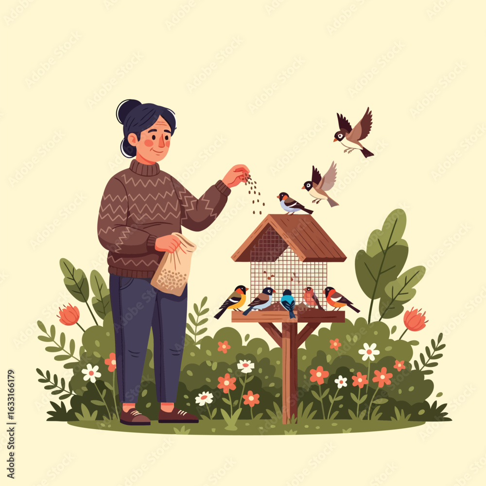 Αυτοκόλλητο Person Feeding Birds at Bird Feeder in a Garden Setting