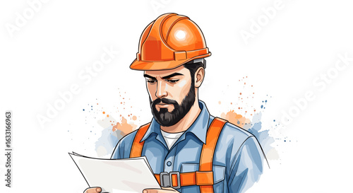 Construction worker reading blueprints safety helmet and gear illustration