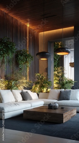 Modern  stylish living room with warm lighting  plants  and a dark wood accent wall