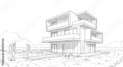 Modern house sketch design architecture exterior home building plan