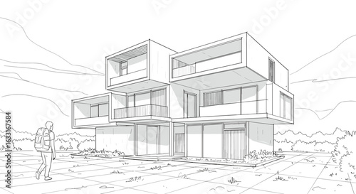 Modern house architecture design blueprint sketch exterior rendering
