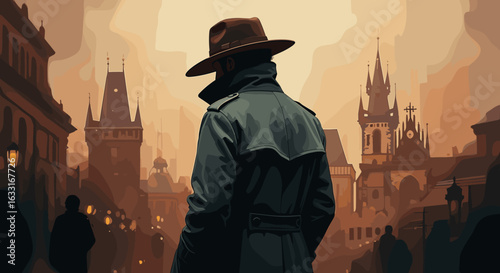 Man in trench coat and hat in prague europe travel destination tourism