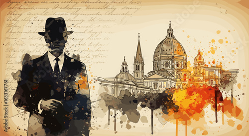 Watercolor painting of florence italy with a mysterious man in suit