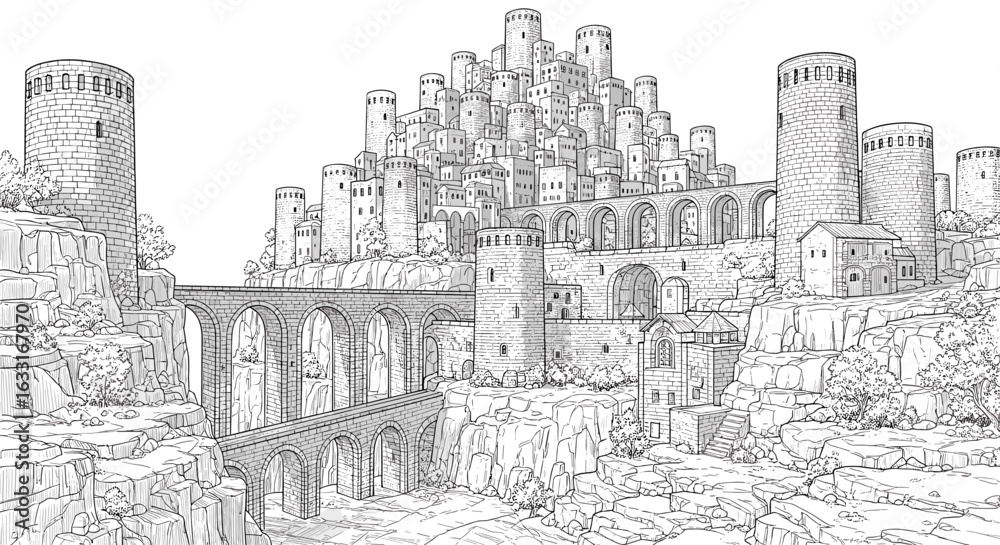 Obraz premium Detailed drawing of fantasy city with towers and bridges illustration