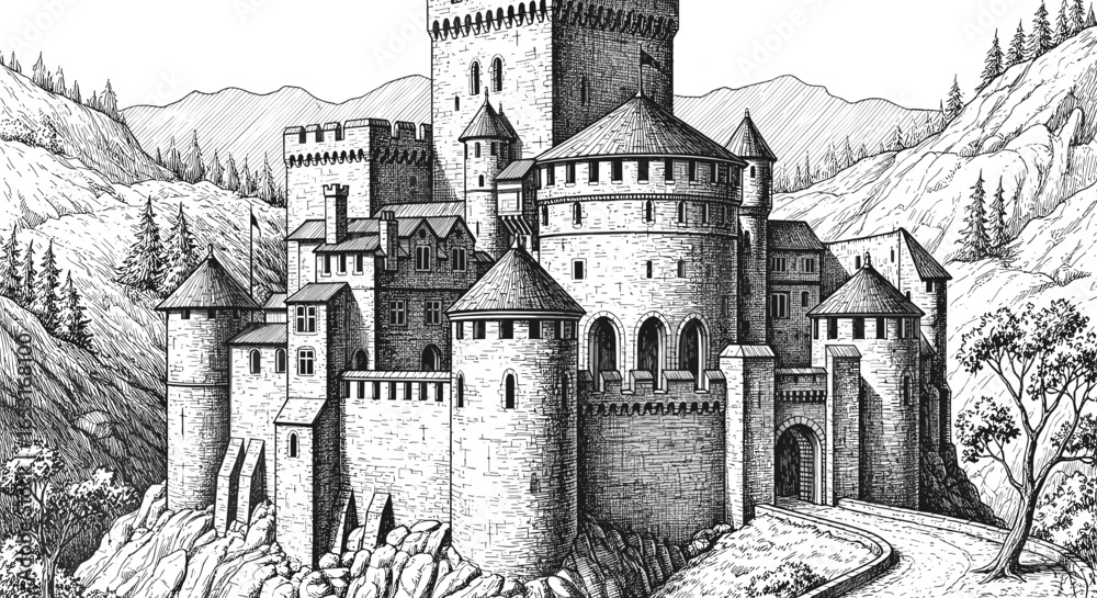 Fototapeta premium Detailed pen and ink drawing of a medieval castle on a rocky outcrop