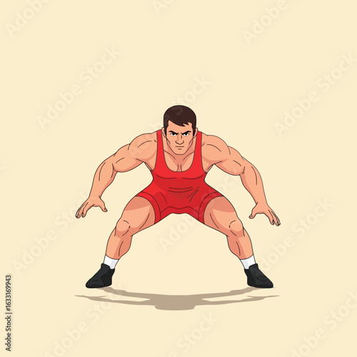 Wrestler in Ready Stance Cartoon Illustration Showing Strength and Determination