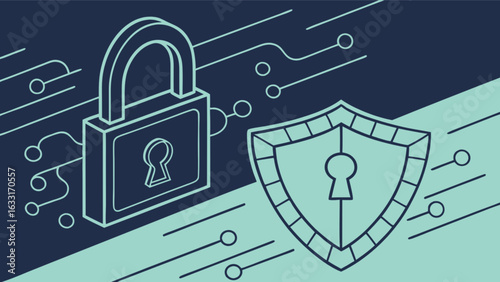 Secure data protection with padlock and shield for network security and privacy solutions online and offline