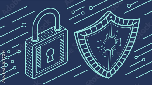 Cybersecurity protection digital data and network security with shield and padlock technology concept 100